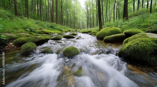 A serene forest stream flows over moss-covered stones, surrounded by lush greenery, evoking tranquility and natural beauty.