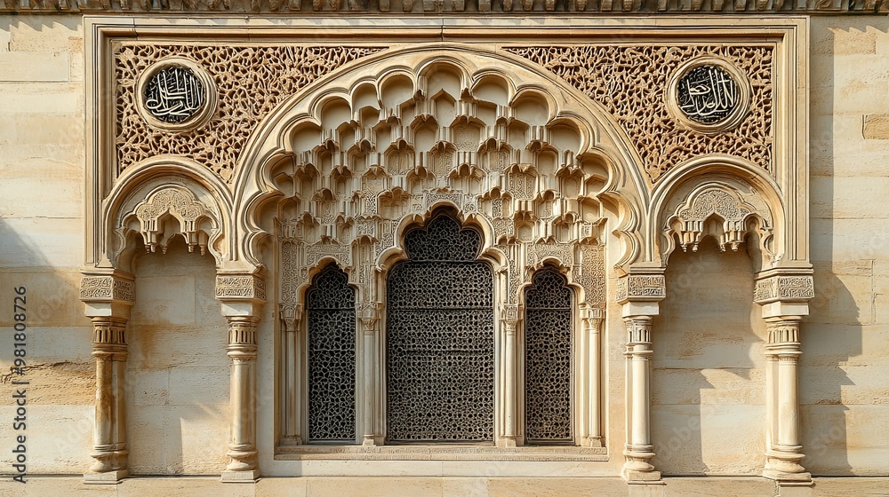 Elaborate Stone Archway with Intricate Carving and Lattice Windows Elaborate Stone Archway with Intricate Carving and Lattice Windows