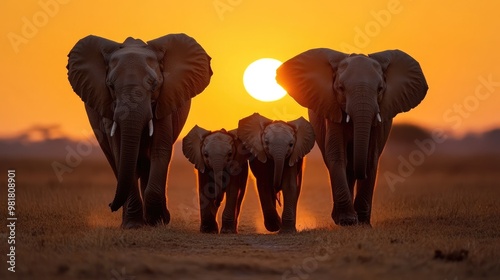 A breathtaking sunset scene featuring a herd of elephants walking across the savanna, with warm hues illuminating their majestic silhouettes.