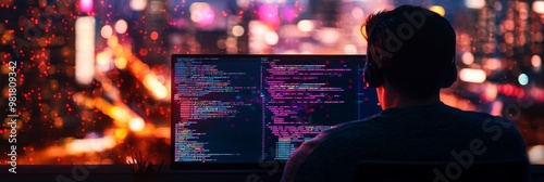 A programmer works late at night, illuminated by the city lights in the background, focused on their coding project. This image represents dedication, passion, and the pursuit of innovation in the tec photo