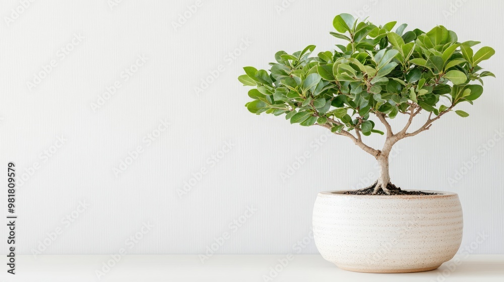 A small, lush plant in a minimalist pot sits on a clean surface, adding a touch of greenery and elegance to the space.