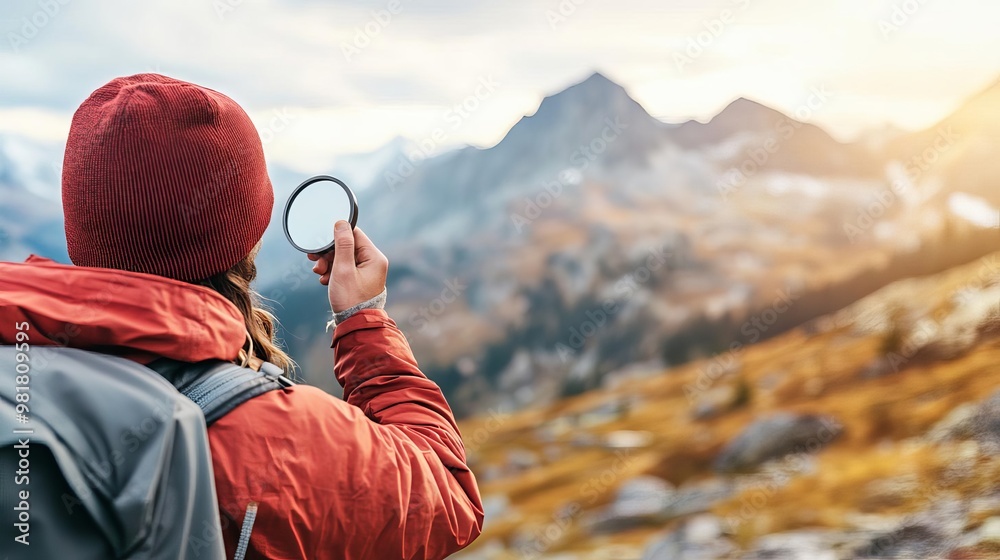 Survivalist using a hand mirror to signal for rescue, mountain view, camping survival, visual signaling techniques