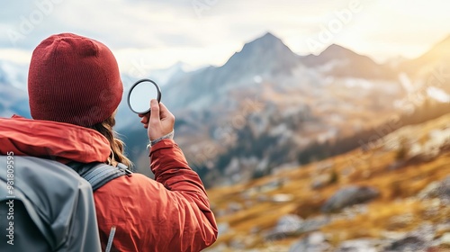 Obraz na płótnie Survivalist using a hand mirror to signal for rescue, mountain view, camping survival, visual signaling techniques w salonie