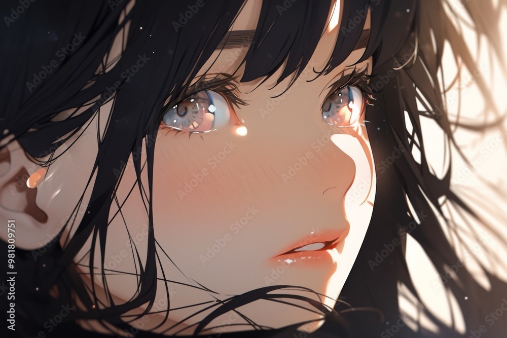 Naklejka premium A close-up of a girl's face in anime style, featuring long black hair with bangs, big eyes with elevated eyelashes, and wearing navy blue, illuminated by sunlight
