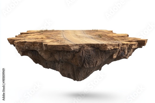 A floating rock island with a road running through it, isolated on a white background.