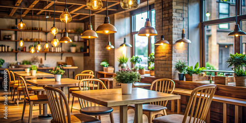 Cozy cafe interior with wooden furniture and hanging lights, cafe, interior, cozy, atmosphere, seating, tables, chairs photo