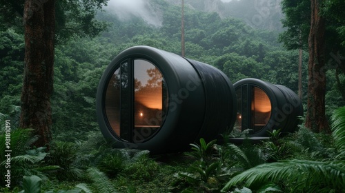 Cylindrical futuristic cabins with large windows and warm lighting, nestled in a misty rainforest surrounded by lush greenery.