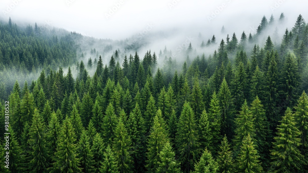 A lush green forest covered in mist, showcasing tall trees that create a serene and tranquil atmosphere. A lush green forest covered in mist, showcasing tall trees that create a serene and tranquil atmosphere.