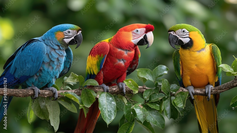Three colorful macaws perched on a branch amidst lush green foliage, showcasing vibrant blue, red, and yellow plumage in a tropical setting. Three colorful macaws perched on a branch amidst lush green foliage, showcasing vibrant blue, red, and yellow plumage in a tropical setting.