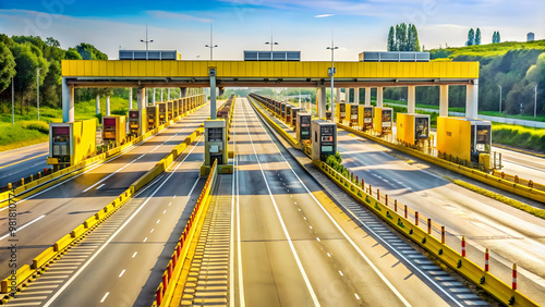 Milan A8 Motorway Telepass subscription yellow lanes for non-stop driving at highway toll booth, Milan photo