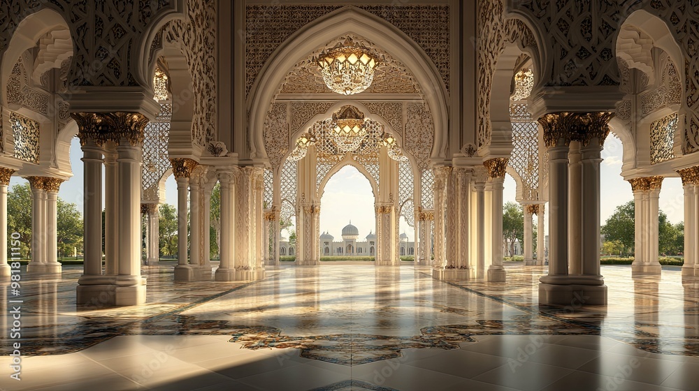View from a Grand Arched Hallway with Ornate Columns View from a Grand Arched Hallway with Ornate Columns