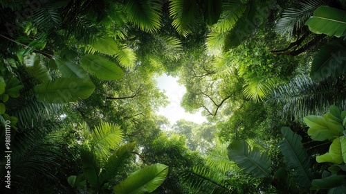 A vibrant, dense canopy of green leaves frames a bright light filtering through the treetops, illustrating the beauty of a lush forest.