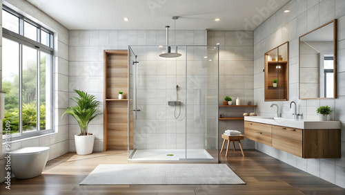 Modern bathroom mockup with white tiles, sleek fixtures, and a glass shower enclosure, bathroom, mockup, white, tiles, modern