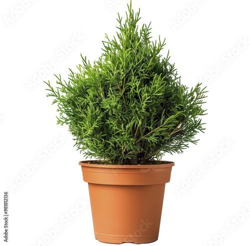 A small green potted conifer plant, with green leaves and brown pot.