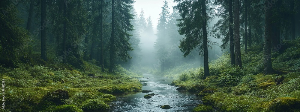 Obraz premium A Mystical Stream Flowing Through a Foggy Forest
