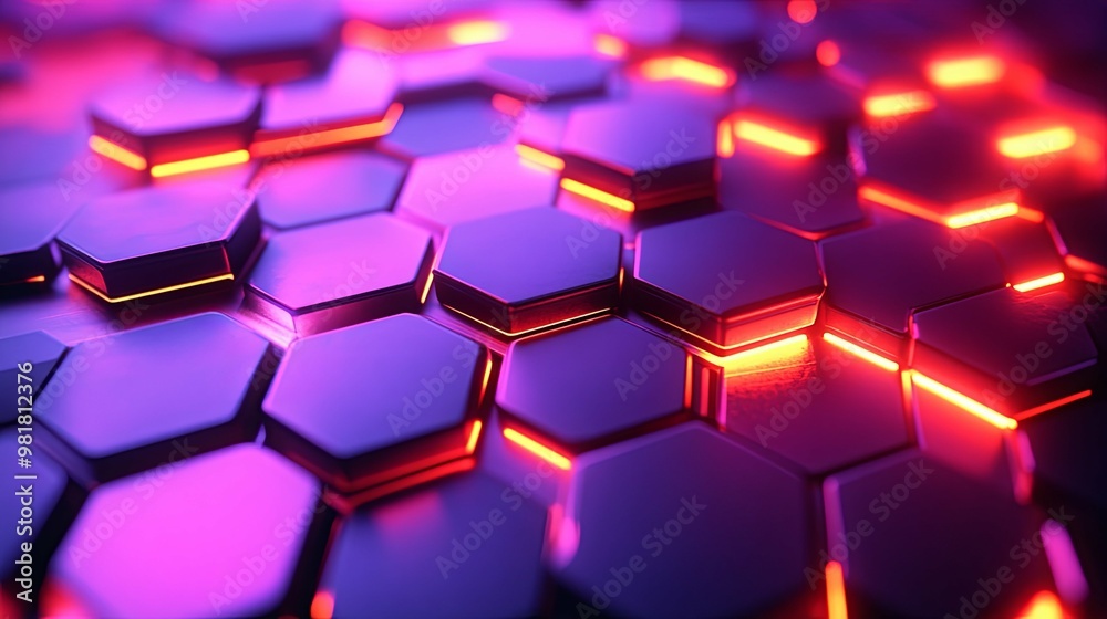 Abstract Hexagon Pattern with Neon Orange and Purple Lighting Abstract Hexagon Pattern with Neon Orange and Purple Lighting