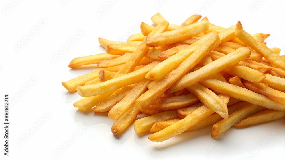 Crunchy golden french fries on a white background, fast food, potato, fried, crispy, snack, unhealthy, meal, side dish Crunchy golden french fries on a white background, fast food, potato, fried, crispy, snack, unhealthy, meal, side dish