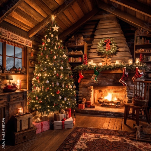 A cozy Christmas scene with a beautifully decorated Christmas tree standing tall. Nearby is a fireplace with warm flames flickering. There are gift boxes piled up, waiting to be opened. 