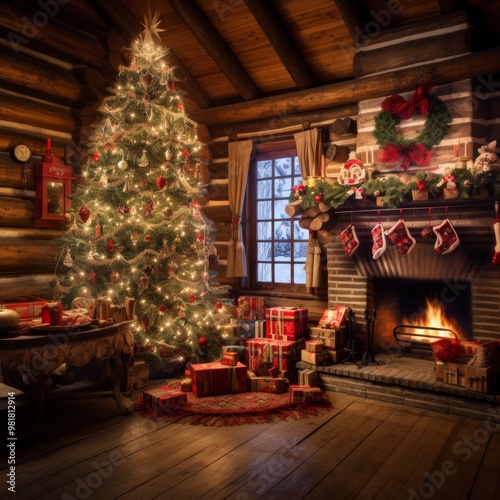 A cozy Christmas scene with a beautifully decorated Christmas tree standing tall. Nearby is a fireplace with warm flames flickering. There are gift boxes piled up, waiting to be opened. 