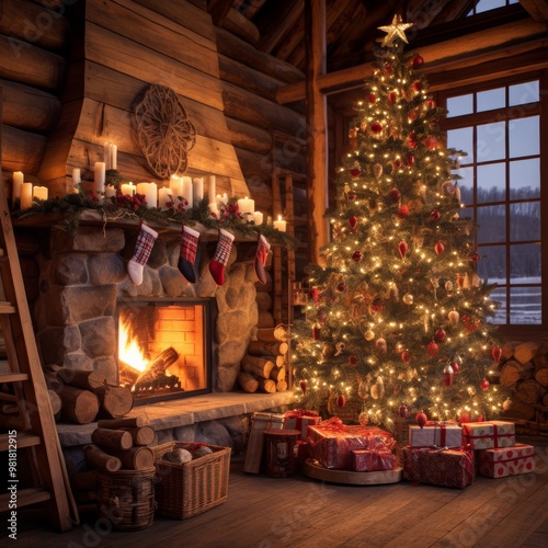 A cozy Christmas scene with a beautifully decorated Christmas tree standing tall. Nearby is a fireplace with warm flames flickering. There are gift boxes piled up, waiting to be opened. 