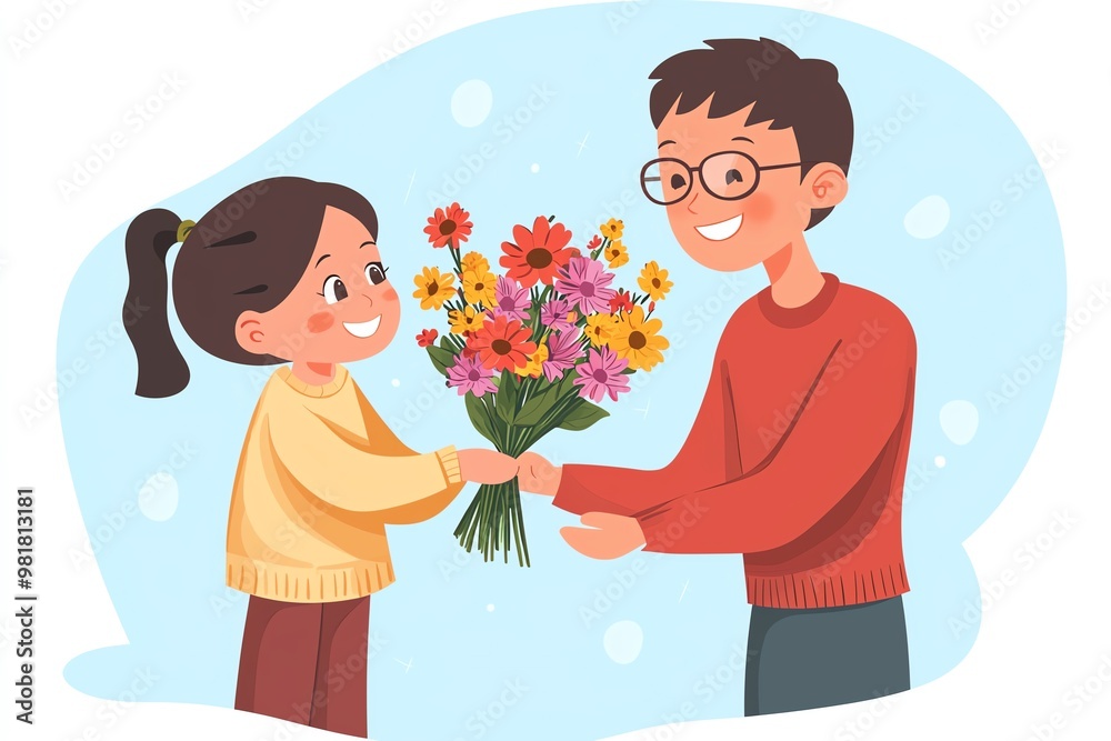 Happy Children Celebrating Teacher Appreciation with Flowers – A Heartwarming Illustration of Gratitude and Joy in a Classroom Setting