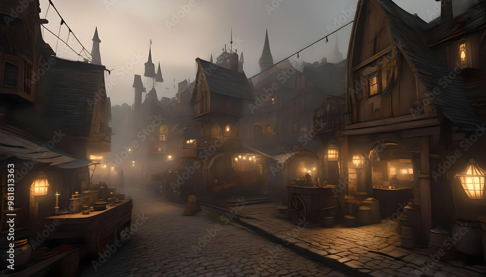 Naklejka premium Lanterns with Medieval Castle Market Street 