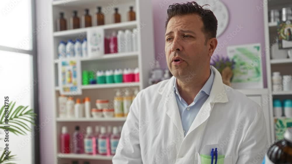 Middle-aged man in a pharmacy explaining medication with colorful products on shelves in a bright indoor setting Middle-aged man in a pharmacy explaining medication with colorful products on shelves in a bright indoor setting