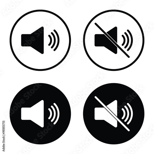 Speaker vector icon set. Loudspeaker symbol. Mute and unmute volume sound symbol in a circle. For apps and websites.