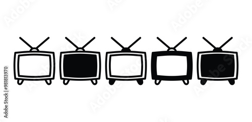 set of tv television icon vector design symbol sign black white color simple flat illustration