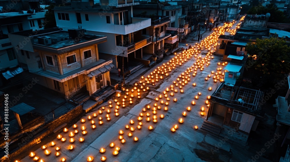 Aerial View of Diyas Lit on a Street in an Indian City at Night Aerial View of Diyas Lit on a Street in an Indian City at Night