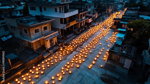 Aerial View of Diyas Lit on a Street in an Indian City at Night