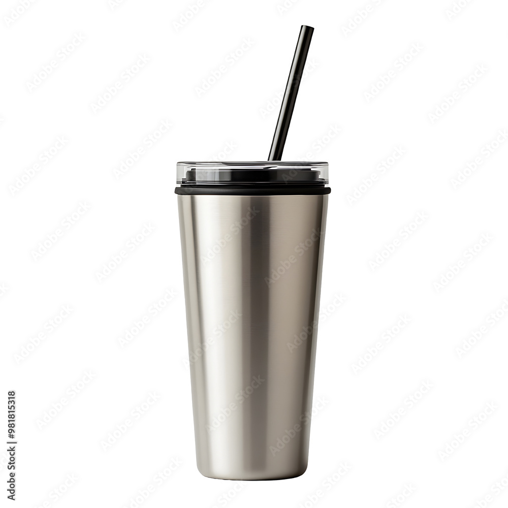 Detailed Photography of Stainless Steel Travel Tumbler with Reusable Straw on Clean White Background Detailed Photography of Stainless Steel Travel Tumbler with Reusable Straw on Clean White Background