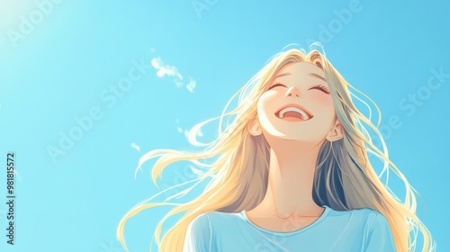 anime girls with long blonde hair, smiling and laughing in pastel blue shirts, set against a sky blue background, creating a cheerful springtime atmosphere 