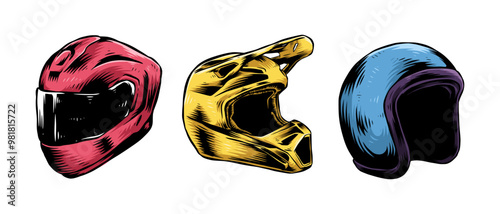 Set colored hand drawn vintage engraving of motorcycle, motocross, rider helmet. Isolated on white background. Vector illustration.