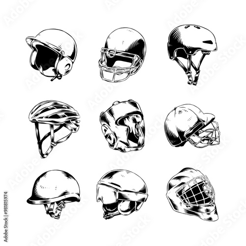 Set Hand drawn vintage engraving of baseball, american football, skate, bike, head guard, cricket, jockey, ski, ice hockey helmet. Isolated on white background. Vector illustration.