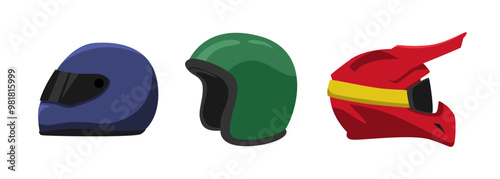 Set of motorbike helmet with flat cartoon style. Full face, open face, and motocross helmet. Vector illustration.