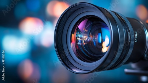 A close-up of a camera lens with a blurred background of city lights. This image represents capturing moments, creativity, and the beauty of urban life.