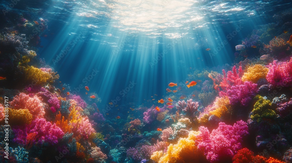Naklejka premium Vibrant Coral Reef Illuminated by Sunbeams