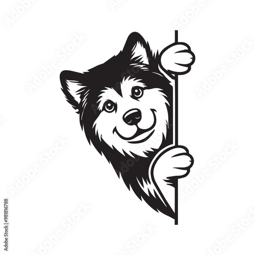 Alaskan Malamute Dog Peeking Face Clipart -  Peeking Dog Vector illustration in black and white
