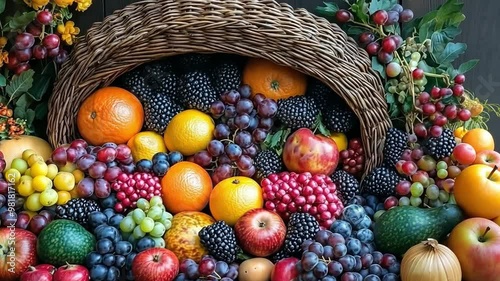 This Various fruits are artistically arranged in a basket, showcasing their bright colors and textures.