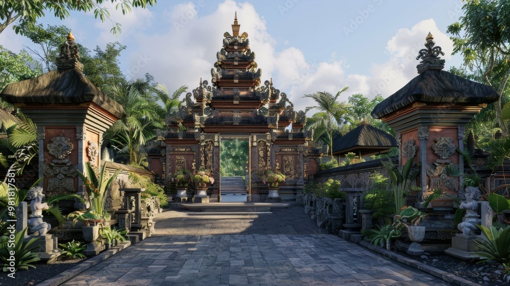Ornate Temple Entrance Surrounded by Tropical Landscape in Bali Indonesia Ornate Temple Entrance Surrounded by Tropical Landscape in Bali Indonesia