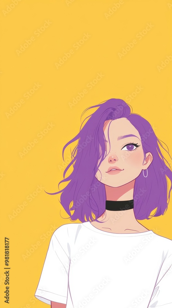 Cheerful purple hair girl enjoying a sunny day in a minimalist style, featuring a bright and joyful atmosphere with ample copy space for your creative needs. Cheerful purple hair girl enjoying a sunny day in a minimalist style, featuring a bright and joyful atmosphere with ample copy space for your creative needs.