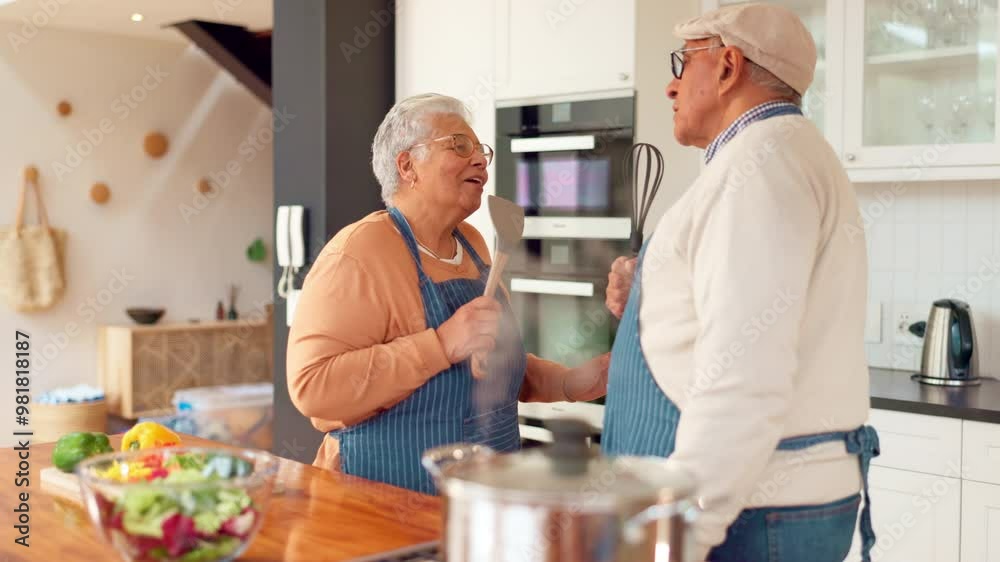 Singing, cooking and old couple in kitchen together with food, relationship and happy in retirement. Diet, senior man and woman in home with fun bonding, music and love with meal prep for lunch