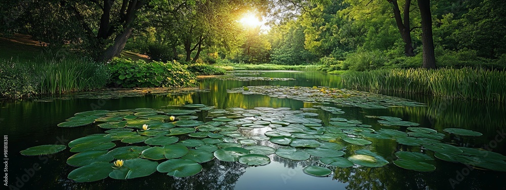 Lush Green Trees Bordering a Calm Pond with Lily Pads and Flowers Lush Green Trees Bordering a Calm Pond with Lily Pads and Flowers