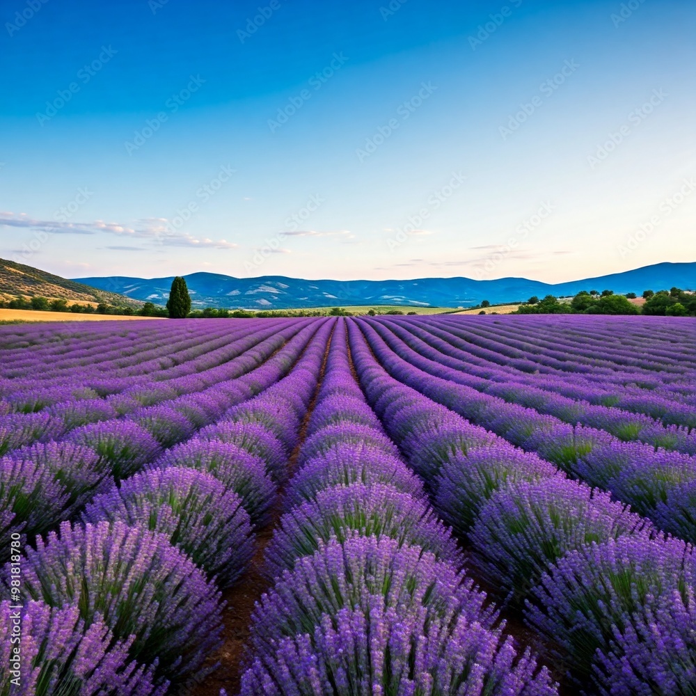 A lavender field with mountains in the distance and clear, sunny weather. A lavender field with mountains in the distance and clear, sunny weather.