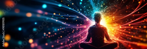 A person in meditation with vibrant light and energy flowing around them, symbolizing the connection between mental and physical wellbeing, mindfulness, inner peace, spiritual awakening, and holistic 