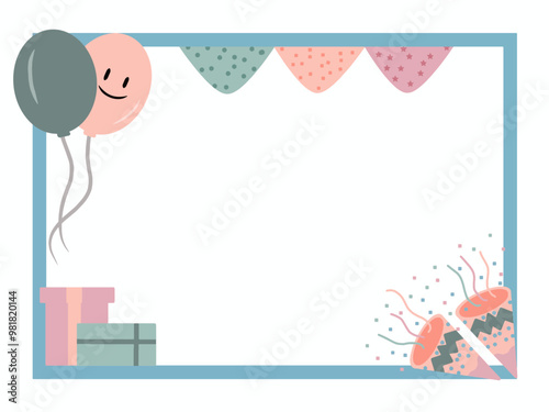 Hand Drawing Birthday Frame card with balloon, flag, gift box with pastel color blue, pink, green, peach