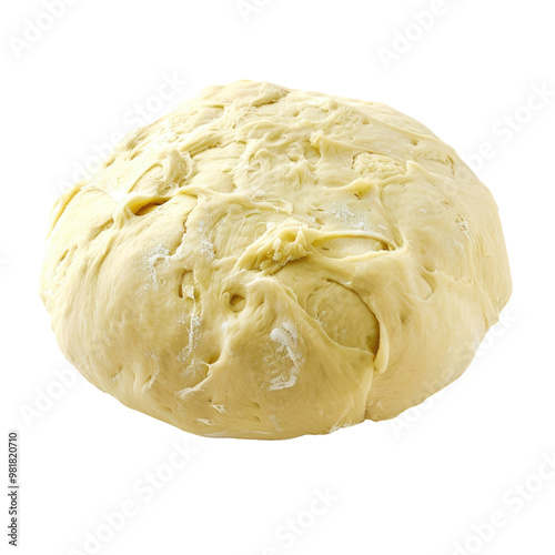 A close-up shot of a smooth, pale yellow dough ball, sitting on a white surface. The dough is slightly puffy and has a few air bubbles visible on the surface.