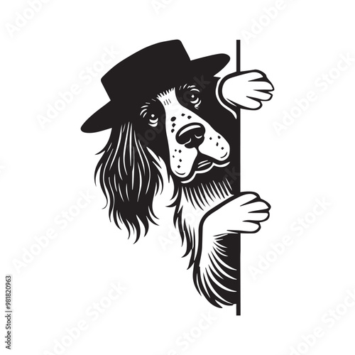 English Setter Dog Peeking Face Clipart -  Peeking Dog Vector illustration in black and white

