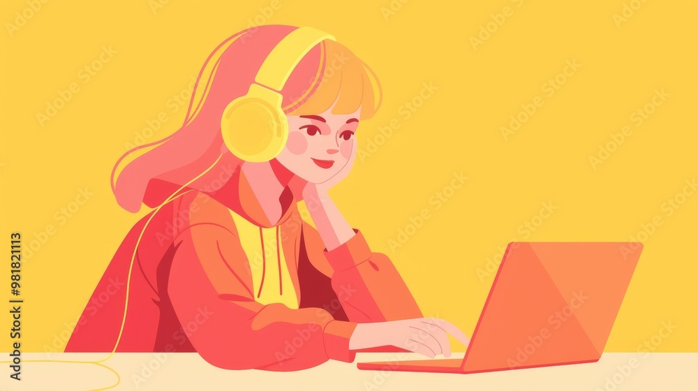 A happy girl wearing headphones and using a laptop against a bright yellow background A happy girl wearing headphones and using a laptop against a bright yellow background